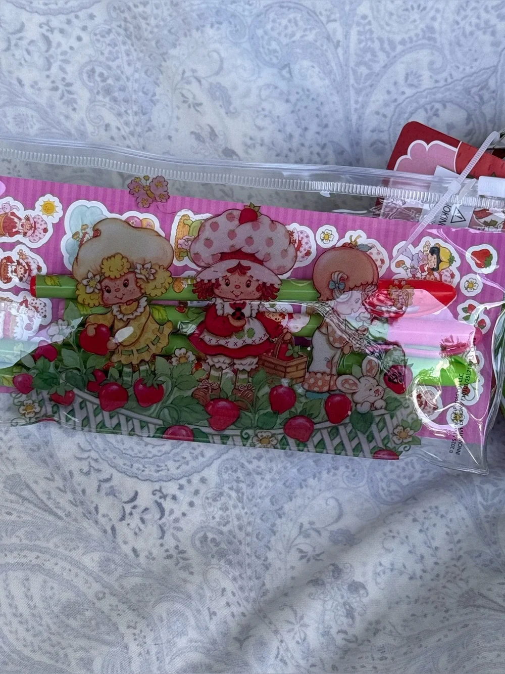 Strawberry Shortcake Pencil Case w/ 5 Gel Pens & a sticker sheet inside pvc zip